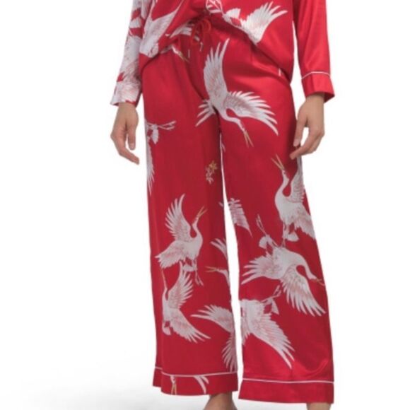 DALIA MACPHEE M & L Red White Satin Ibis Bird Print Long Sleeve Long Pant PJ Set - Picture 5 of 16